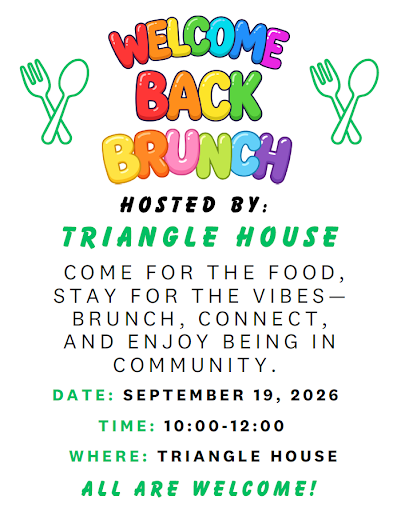 WHITE BACKGROUND-rainbow colored words "Welcome Back Brunch" in triangle house on september 20th