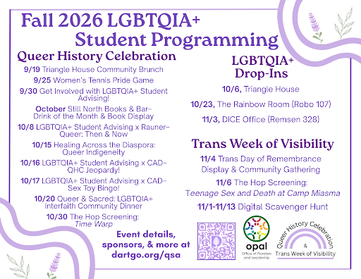 White background and purple writing title of "fall 2026 LGBTQIA+ Student programming"