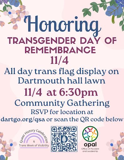 PINK BAKGROUND WITH PINK AND BLUE TEXT FOR TRANSGENDER DAY OF REMEMBRANCE ON 11/4 - DISPLAY ON DARTMOUTH LAWN