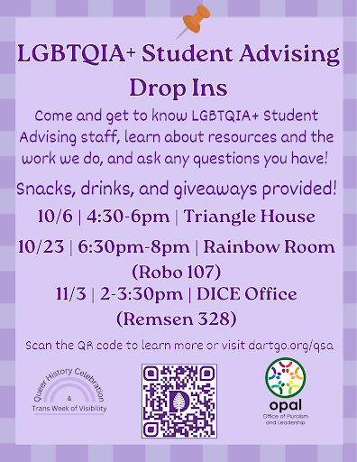 purple background with purple text - QSA Drop ins at various campus locations 
