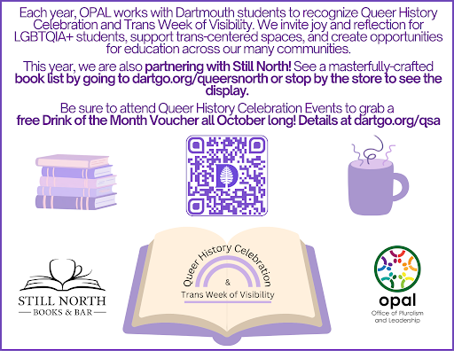 white bakground purple text - partnership with still north for QHC, features a QR Code for drink of the month 