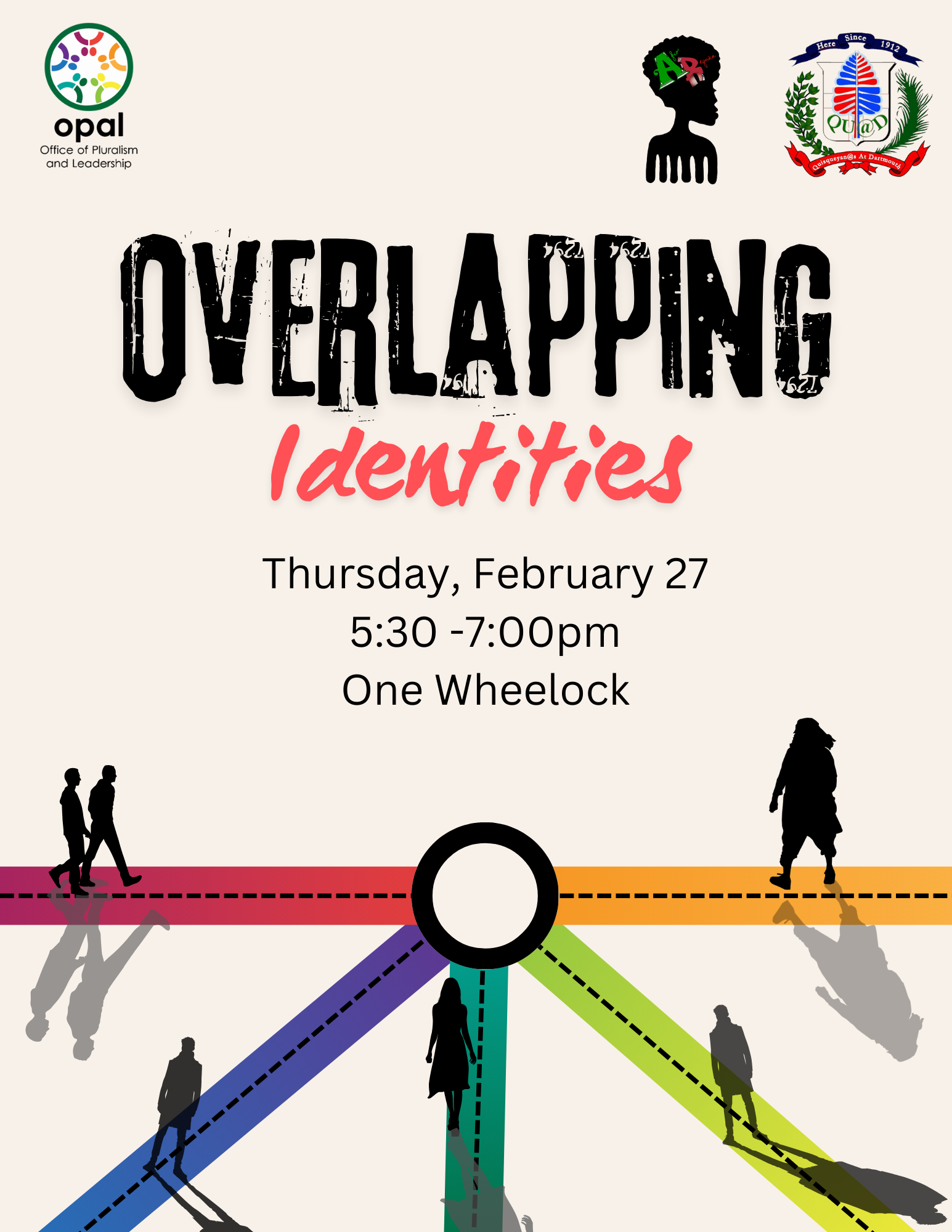 Flyer for overlapping identities program that will focus on the Black, Latin, & Caribbean Identities as they overlap throughout lived experiences. Flyer includes image of various individuals who are on red,, blue, green and orange  areas to meet 
