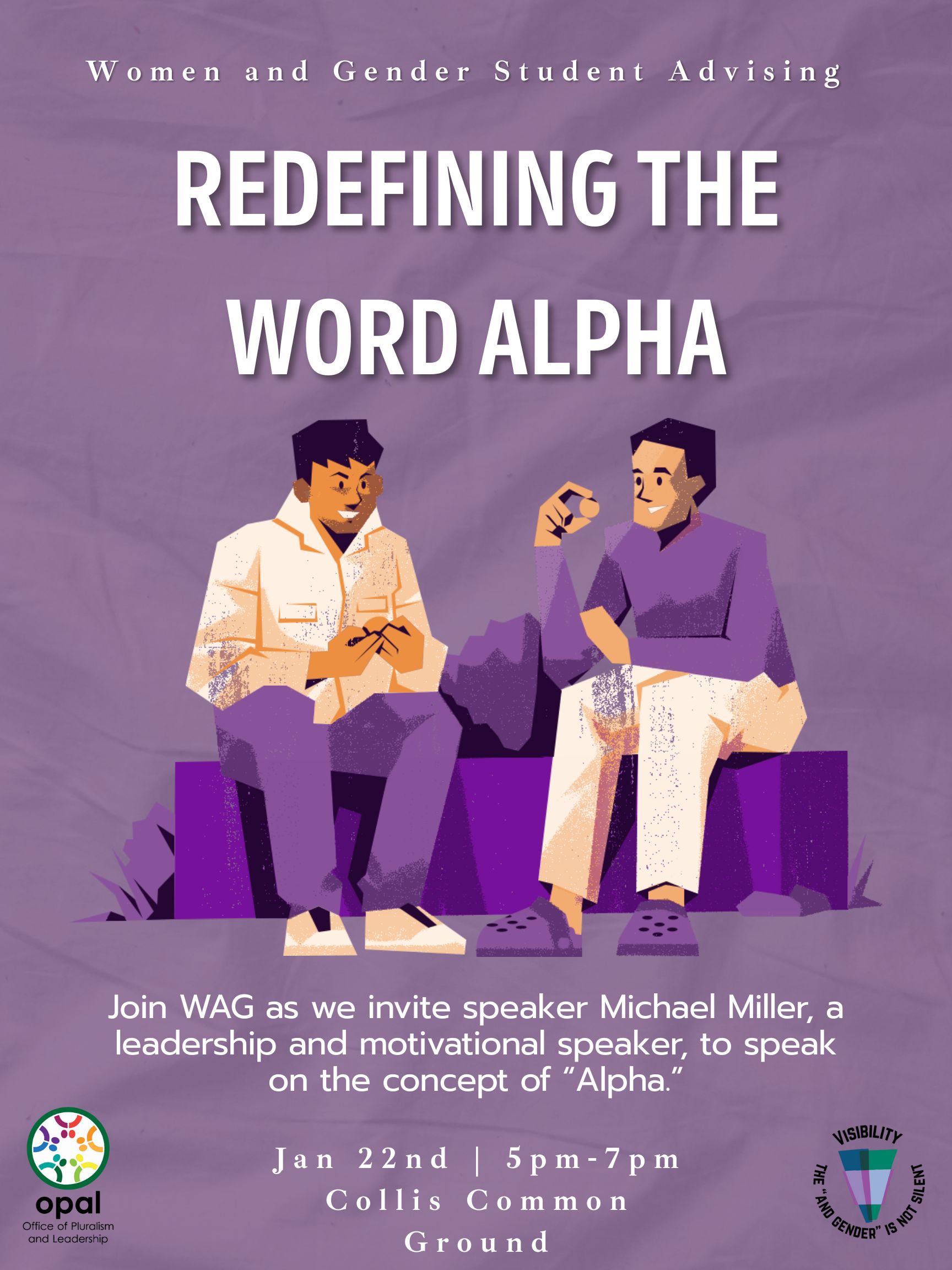 purple flyer featuring two men speaking, in white writing title centered reads "REDEFINING THE WORD ALPHA"
