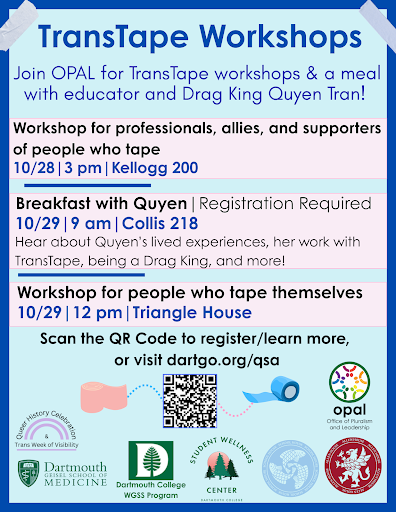 Transtape Workshop 10/28-10/29 flyer in blue and pink with a schedule of transtape workshops for professionals, allies and supportes on October 28th . On October 29th Breakfast with Quyen and workshop for people who tape themselves 