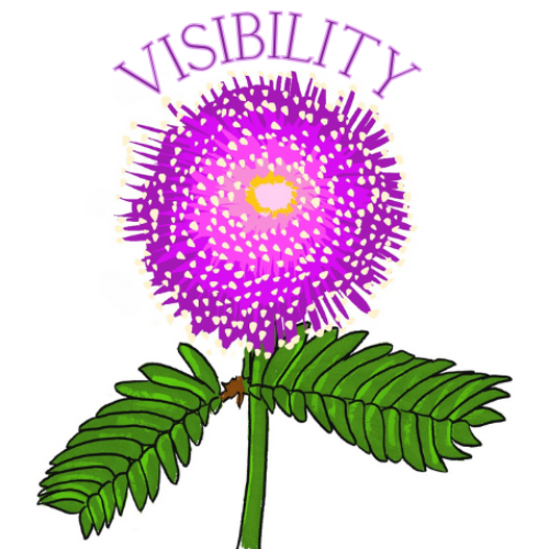 LOGO FEAUTURING MIMOSA FLOWER WITH PURPLE WRITING AT THE TOP